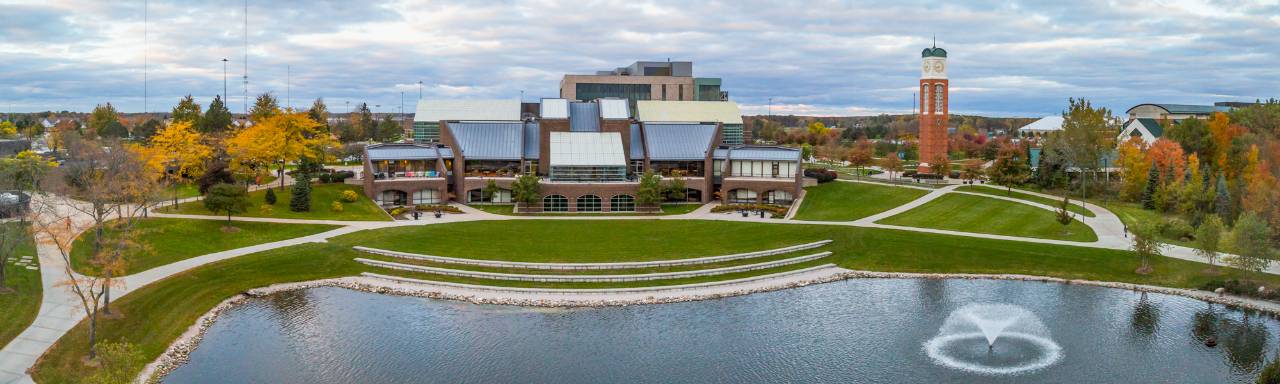 Arial shot of Kirkhof, Zumberg pond, and the clocktower